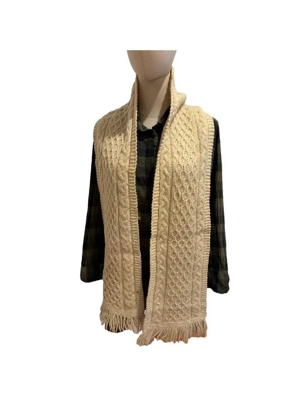 VTG HAND WOOL KNIT HONEY COMB CABLE KNIT CREAM SCARF LAGENLOOK 10”W X 67”L